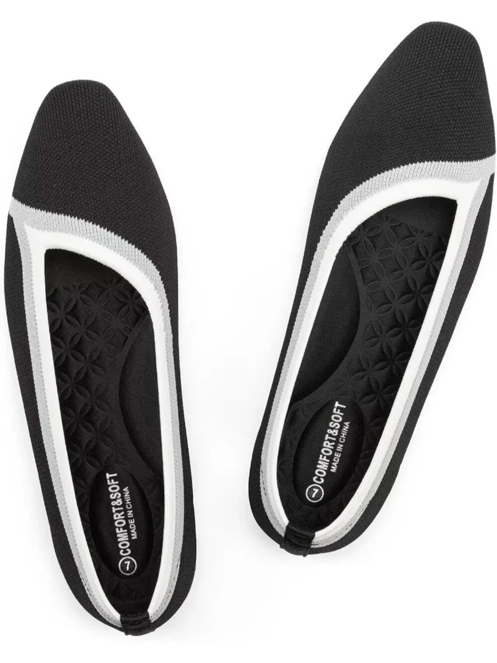 Frank Mully Women's Black Rubber Knitted Square Toe Comfortable Slip On Flats